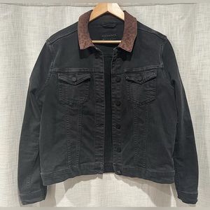 ALLSAINTS Distressed Black Jean Jacket w/ faded Leopard Print Suede Collar